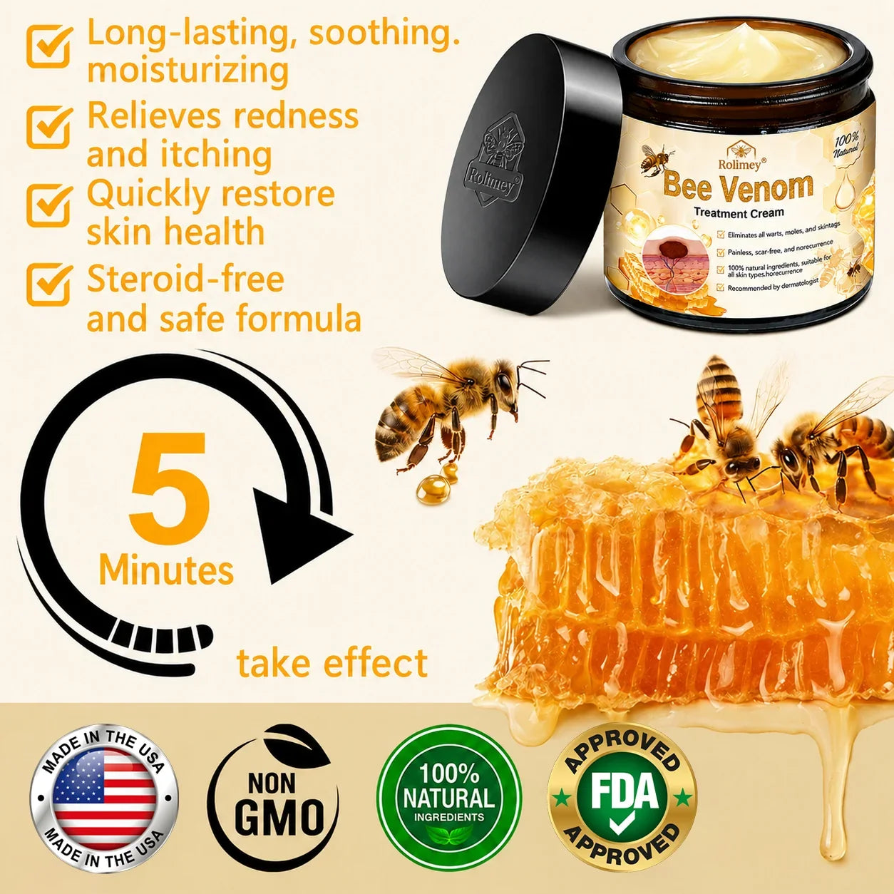 🌿Rolimey® Bee Venom Skin Treatment Cream - (Helping with acne, wart, rosacea, psoriasis, age spots, eczema, and reducing the appearance of stretch marks)